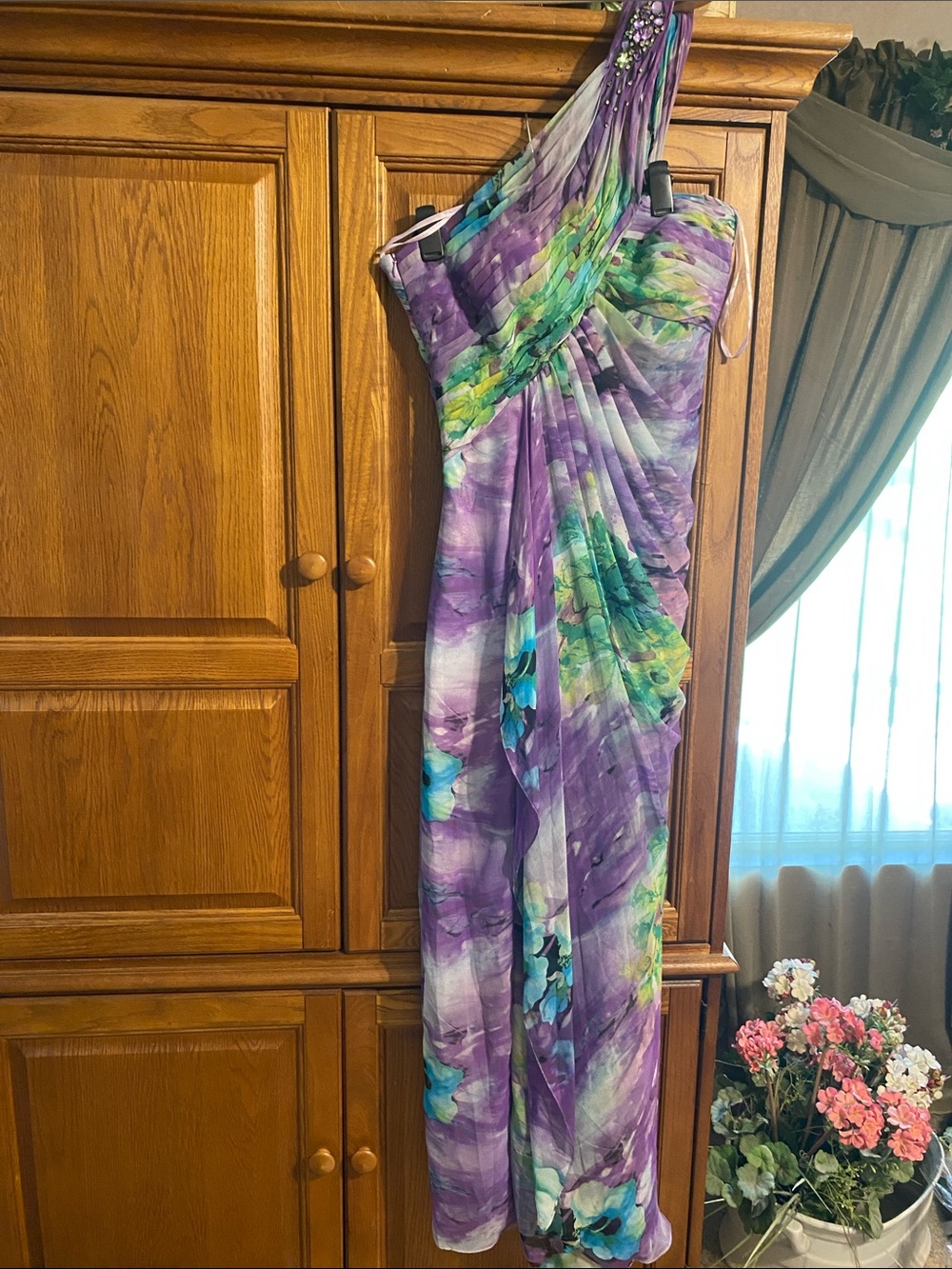 Camille La Vie One-Shoulder Floral Print Dress in Purple and Green